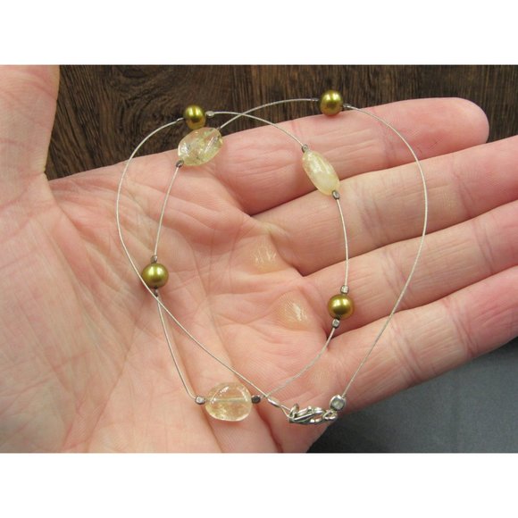 16" Sterling Silver Real Pearl And Quartz Stone Wire Necklace Vintage Minimalist - Picture 2 of 7